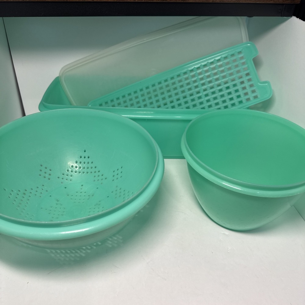 VTG Tupperware Lot 3 Crisp It Bowl‎ 679 Colander 339 Crisper 782 Jadeite Green